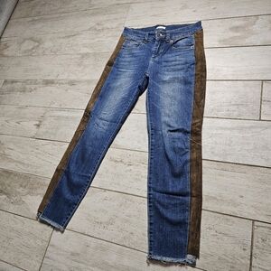 Ecru Two Tone Mid Rise Ankle Fringe Medium Wash Denim Jeans 0